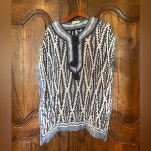 Spartina 449 Navy and Cream Leaf Pattern short Caftan Coverup O/S